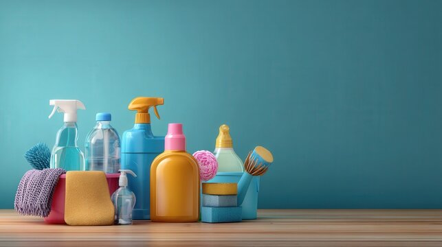 Diverse range of cleaning supplies organized neatly for efficient home cleaning and maintenance solutions