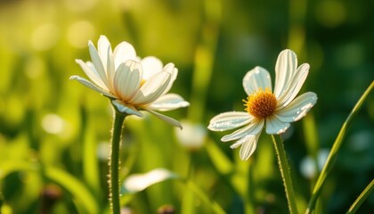 Delicate daisy blossoms bathed in warm sunlight, a serene and vibrant scene