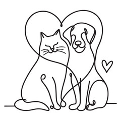Loving Cat and Dog Silhouette Heart Line Art Pets Illustration