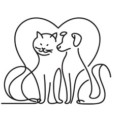 Vector Silhouette Illustration of Cat and Dog Friendship Line Art