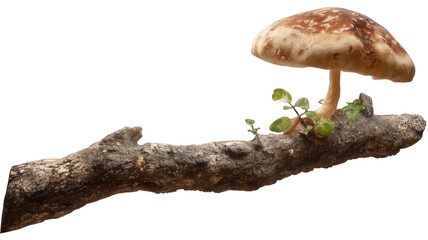 Realistic Mushroom Emerging from Tree Branch Isolated on White Background