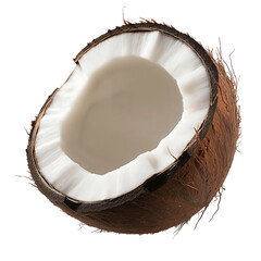 A brown, cracked coconut half, a tropical fruit and healthy food ingredient, is isolated on a white background