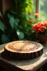 Fototapeta premium Intricately Carved Wooden Round Serving Tray with Floral Design, Resting on Rustic Wooden Table Near Sunlit Window and Blooming Flowers