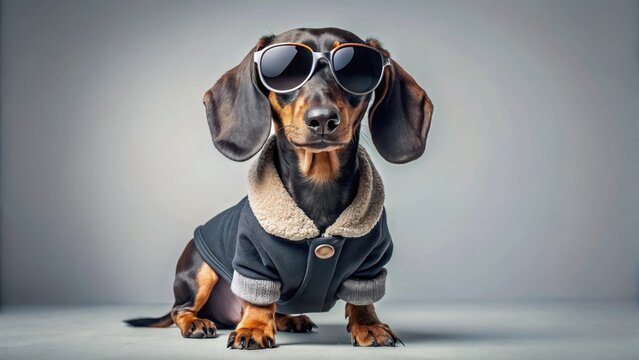 Dashing black dachshund wearing a stylish fleece jacket and shades, posing confidently with its front legs tucked under its body, stylish pet, trendy canine