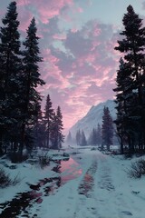 Winter Path, Pink Sunset, Mountain Valley
