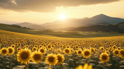 Fototapeta premium Lush field of sunflowers stretching to the horizon under a beautiful sky captured in an impressionist style painting of nature