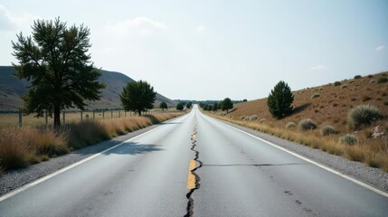 Naklejka premium A long, cracked asphalt road stretches to the horizon, flanked by dry, grassy hillsides and solitary trees under a pale sky.