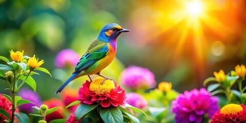 A colorful bird perched on a blooming flower in a vibrant garden with lush greenery and sunshine filtered through the leaves , garden decor, sunny day