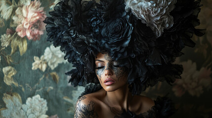 A captivating portrait features living floral tattoos blooming