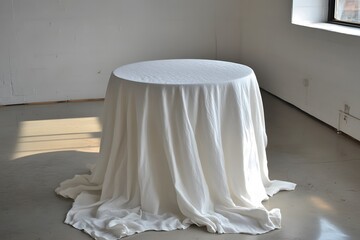 Elegant White Linen Tablecloth on Round Table Minimalist Photography
