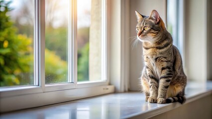 A domestic cat sitting sideways on a windowsill, gazing attentively at the outdoors with its ears perked up and whiskers twitching, sitting, window perch