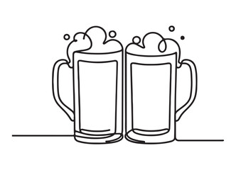 Two Beer Mugs Cheers One Line Drawing Celebrate Festivity Vector
