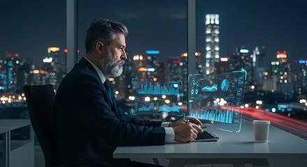 Senior executive analyzing financial data with futuristic interface at night office