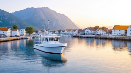 Fototapeta premium Picturesque harbor town at sunrise. A white motorboat glides through calm waters. Coastal village nestled beside mountains