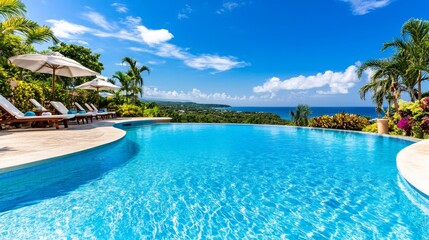 Clear blue water in a modern pool with palm trees. A serene pool surrounded by lush tropical beauty