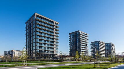 Urban landscape featuring modern apartment buildings against a clear blue sky
