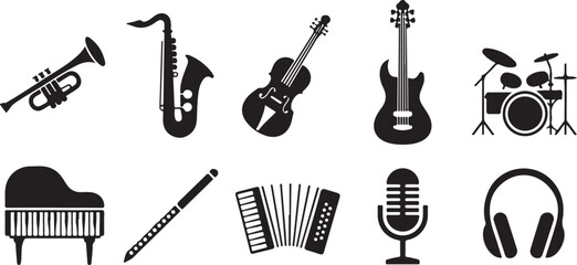 Musical Instrument Silhouette Vector Set with Guitar Piano Drums Icons in Black