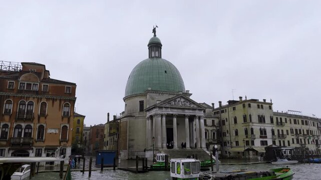 San simeone piccolo church viewed from grand canal in venice. Action