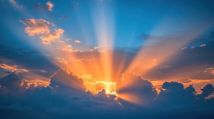 Fototapeta premium Radiant sunlight piercing through a colorful cloudy sky.