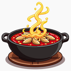 Cartoon Ramen Feast: A Vibrant Bowl of Spicy Noodles with Flaming Broth, Eggs, Tomato, and Meat, Ideal for Social Media, Digital Art, and Food-Related Designs.
