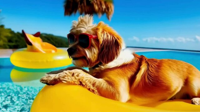 Cool Dog Wearing Sunglasses on a Pool Float, Summer Vacation Fun