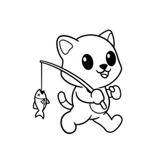 cute cat carrying fishing rod and fish, cartoon coloring book