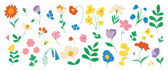 Collection of spring colorful flower elements vector. Set floral of wildflower, leaf branch, foliage on white background. Hand drawn blossom illustration for decor, easter, thanksgiving, clipart.