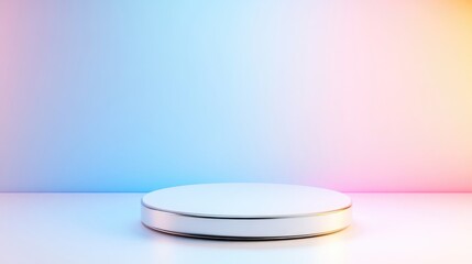 A sleek white circular platform on a minimalist surface with a gradient pastel background, modern display stand for product presentation, and clean and bright setting.