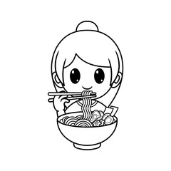 cute girl eating ramen, cartoon coloring book