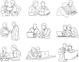 A minimal line-style of faceless office workers engaged in discussion and teamwork. Ideal for business presentations, workplace visuals, and modern professional themes.