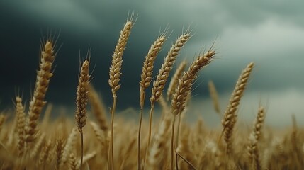 Fototapeta premium Golden wheat stalks stand tall against a stormy sky.