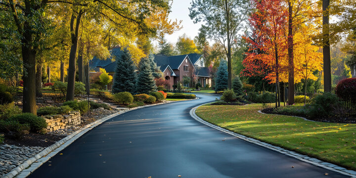Freshly paved asphalt driveway curving through scenic residential area with vibrant autumn trees