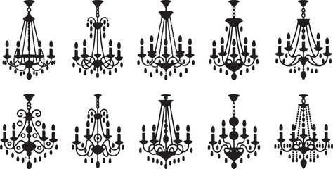 Chandelier Silhouette Vector Set with Elegant Lighting Decor Icons in Black Minimal Style