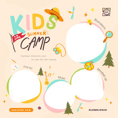 Cute and colorful poster for kids summer camp. Includes cartoon-style icons of art, music, outdoor activities, learning, and fun. Great for school events or summer promotions.