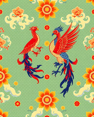 Naklejka premium Ancient Chinese silk pattern with phoenix and cloud bands, seamless pattern.