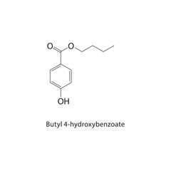 Butyl 4-hydroxybenzoate skeletal structure. Ester compound schematic illustration. Simple diagram, chemical formula.