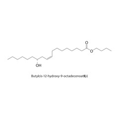 Butyl cis-12-hydroxy-9-octadecenoate (R)- skeletal structure. Hydroxy fatty acid ester compound schematic illustration. Simple diagram, chemical formula.