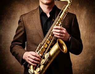 Obraz premium Jazz Musician Holding Saxophone – Studio Portrait in Warm Lighting