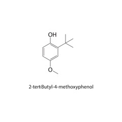 2-tert-Butyl-4-methoxyphenol skeletal structure. Phenol ether compound schematic illustration. Simple diagram, chemical formula.