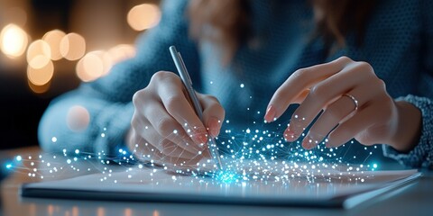 Woman digitally signs document with glowing network