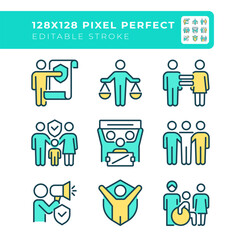 Equal human rights pixel perfect line color icons set. Protecting people in various life situations. Law and justice. Vector illustrations. Simple flat colorful symbols collection. Editable stroke