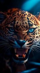 Obraz premium Angry Leopard in a Dramatic Blue Glow.