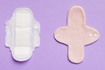 set of colorful bright reusable menstrual pads. zero waste woman periods concept top view with copy space