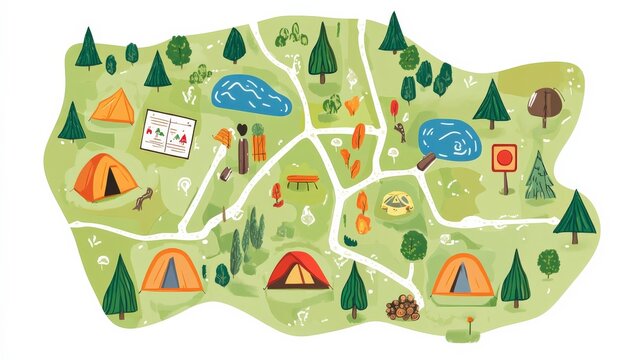 Vibrant Camping Map with Trail Illustrations