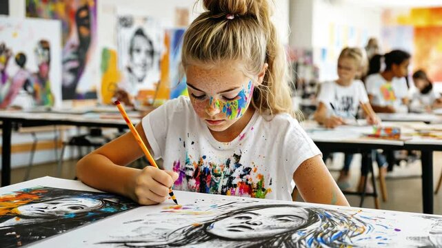 Colorful Expression Young Girls Focus on Art and Creativity in Classroom Surrounded by Children and Vibrant Artwork