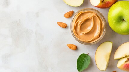 Small glass jar filled with a creamy orange-colored peanut butter. the jar is placed on a light grey textured surface.