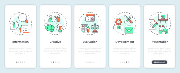 Value engineering steps onboarding mobile app screen. Project management. Walkthrough 5 steps editable graphic instructions with linear concepts. UI, UX, GUI. Montserrat SemiBold, Regular fonts used