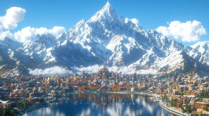 Snowcapped mountain city reflecting in a lake under a bright sky