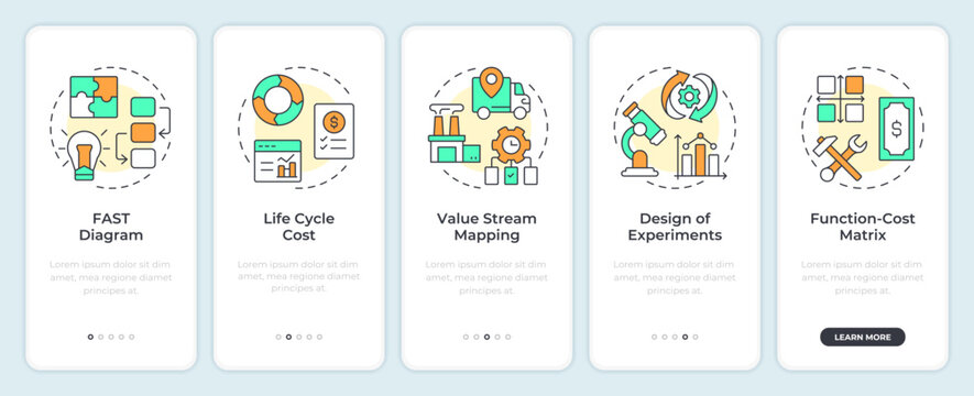 Value engineering tools onboarding mobile app screen. Process map. Walkthrough 4 steps editable graphic instructions with linear concepts. UI, UX, GUI. Montserrat SemiBold, Regular fonts used