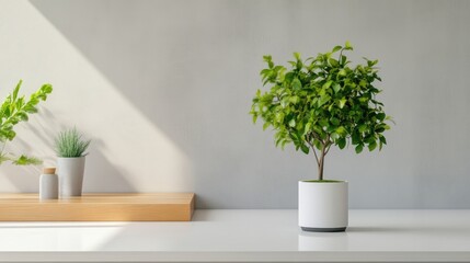 Minimalist home decor featuring a potted plant.  A small, potted tree sits on a white table, beside a light wooden shelf with additional greenery.  Soft sunlight highlights the space